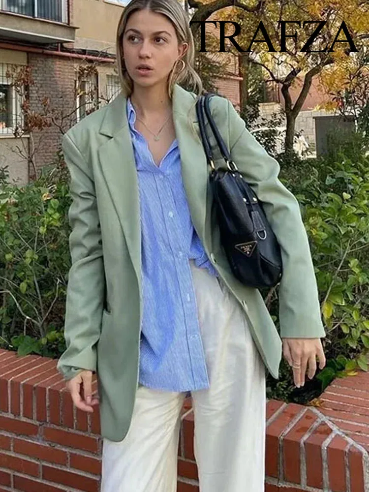 

TRAFZA Women Fashion Blazer Commuter With Pockets Long Sleeves Turn Down Collar Loose Top Female Casual Retro Elegant Coat Mujer