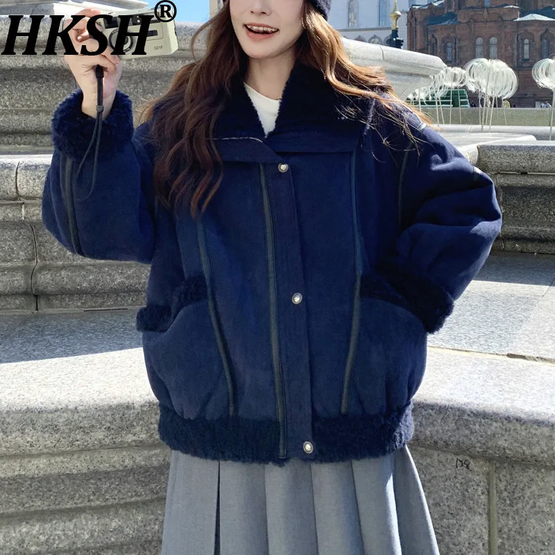 HKSH 2025 Winter New Women's Faux Fur Coat Zipper Pockets Color Block Windproof Versatile Elegant Casual Y2K Warm Jacket HK14702