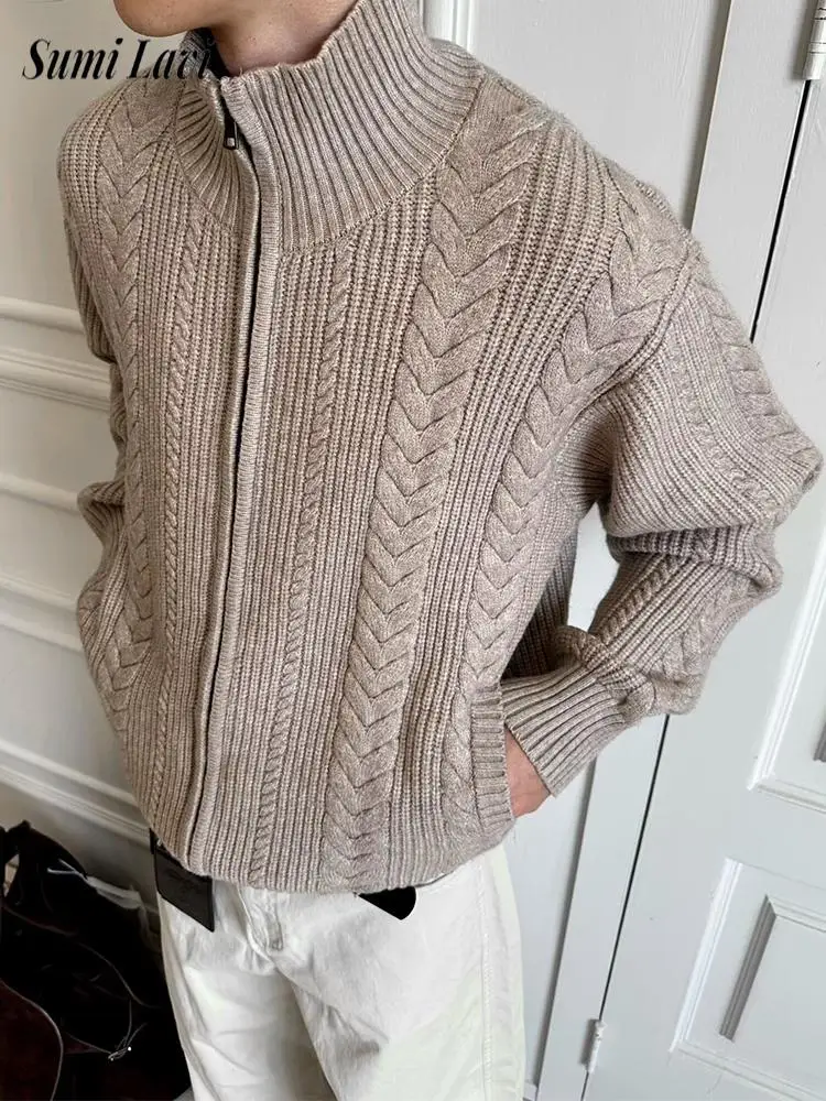 

Vintage Textured Knit Outerwear Men Fall Winter Daily Casual Zipper Turtleneck Sweatercoats Mens Fashion Slim Knit Cardigans