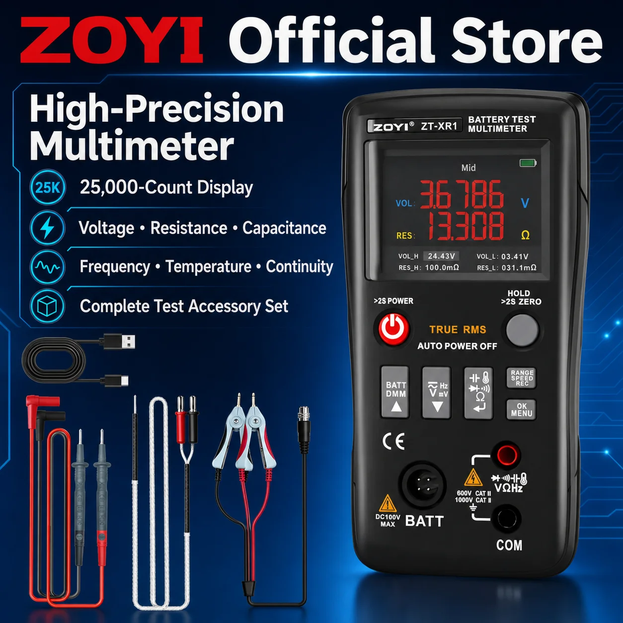 ZOYI ZT-XR1 Digital Multimeter Battery Internal Resistance Tester, Voltage, Diode, Internal Resistance, Capacitance Multifunctio