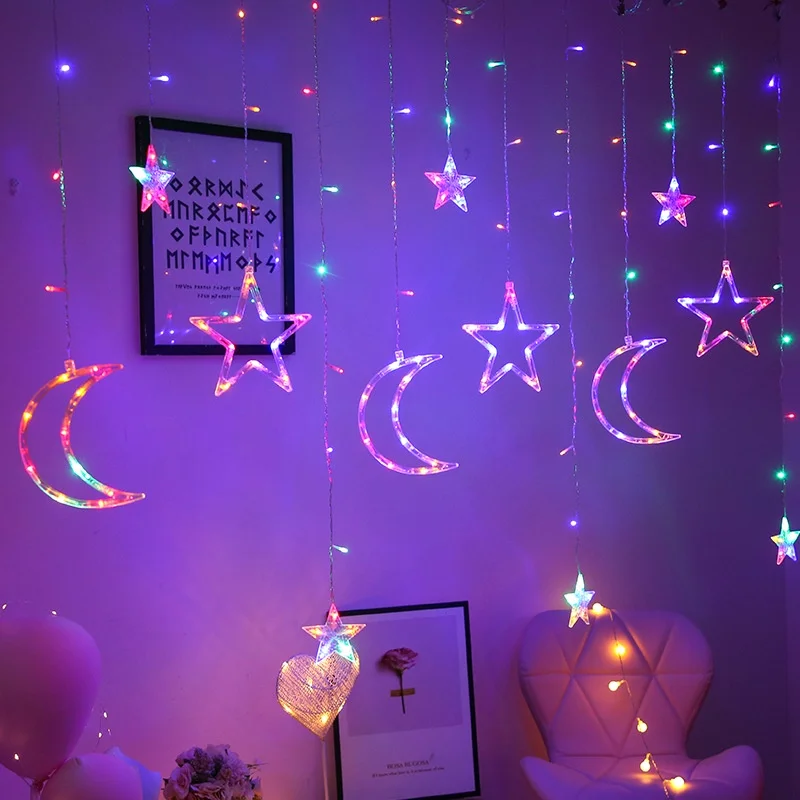 Curtain String Light Moon and Star EU/US Plug LEDs Fairy Lights Christmas Holiday Garden Party Indoor Decor for Home Bedroom