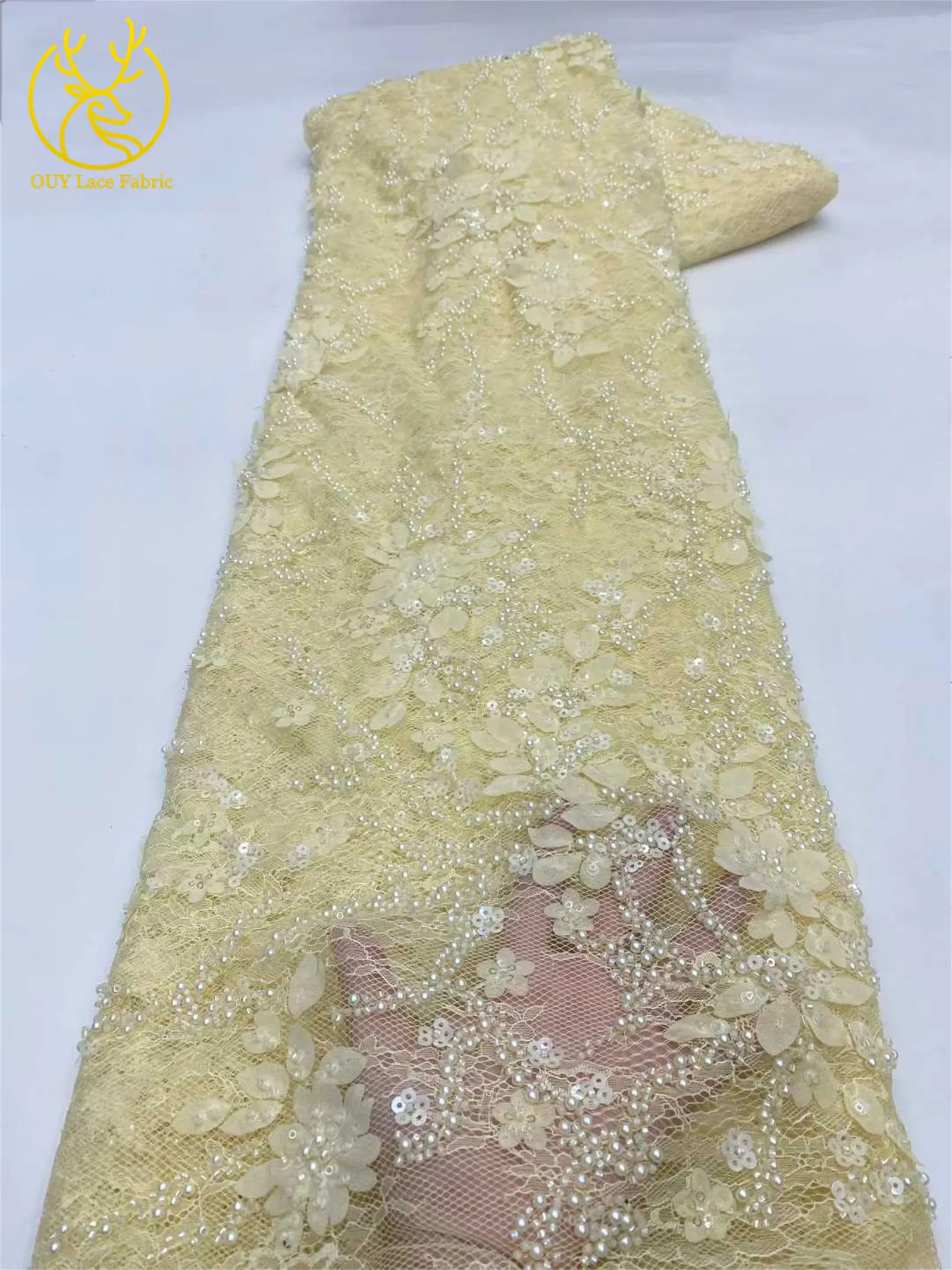 Afrikanischer nigerianischer Bräutigam-Perlen-Spitzenstoff 2026, französisches Netz, 3D-Applikation, Pailletten-Spitzenstoff für Party, Hochzeit, Kleid, Nähen, 5 Yards – Detail 4