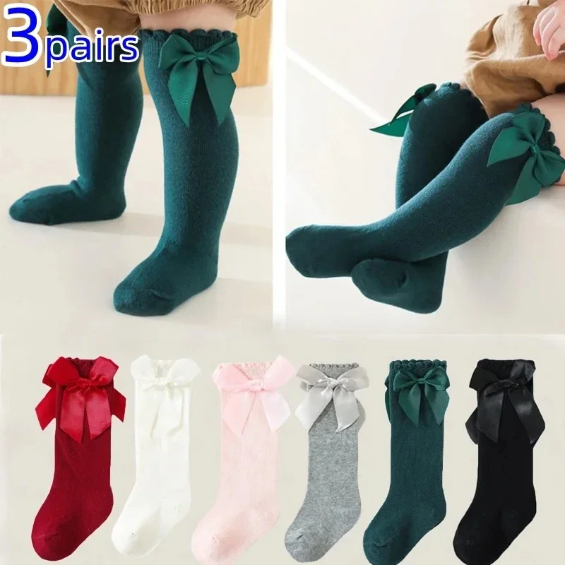 3Pairs Kinder Mädchen Socken Mit Schleife Weiche Baby Kleinkind Lange Socke Vier Saison kinder Socken Für Mädchen Kniehohe prinzessin Elegante
