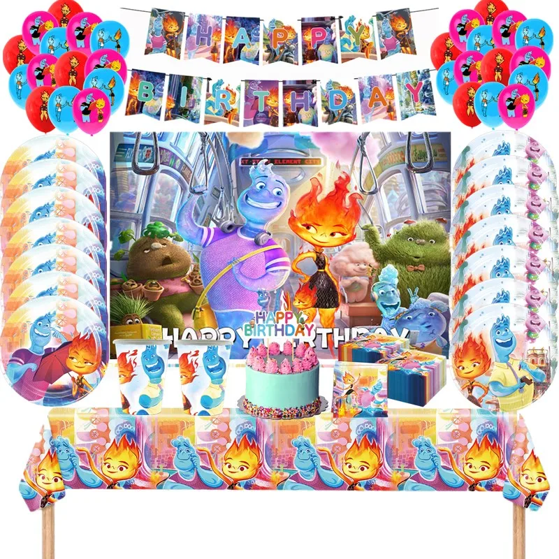 Juego de vajilla desechable elemental de Disney, suministros para fiesta de cumpleaños para niños, plato de papel, taza, servilleta, bandera, globo, fondo, decoración de pastel