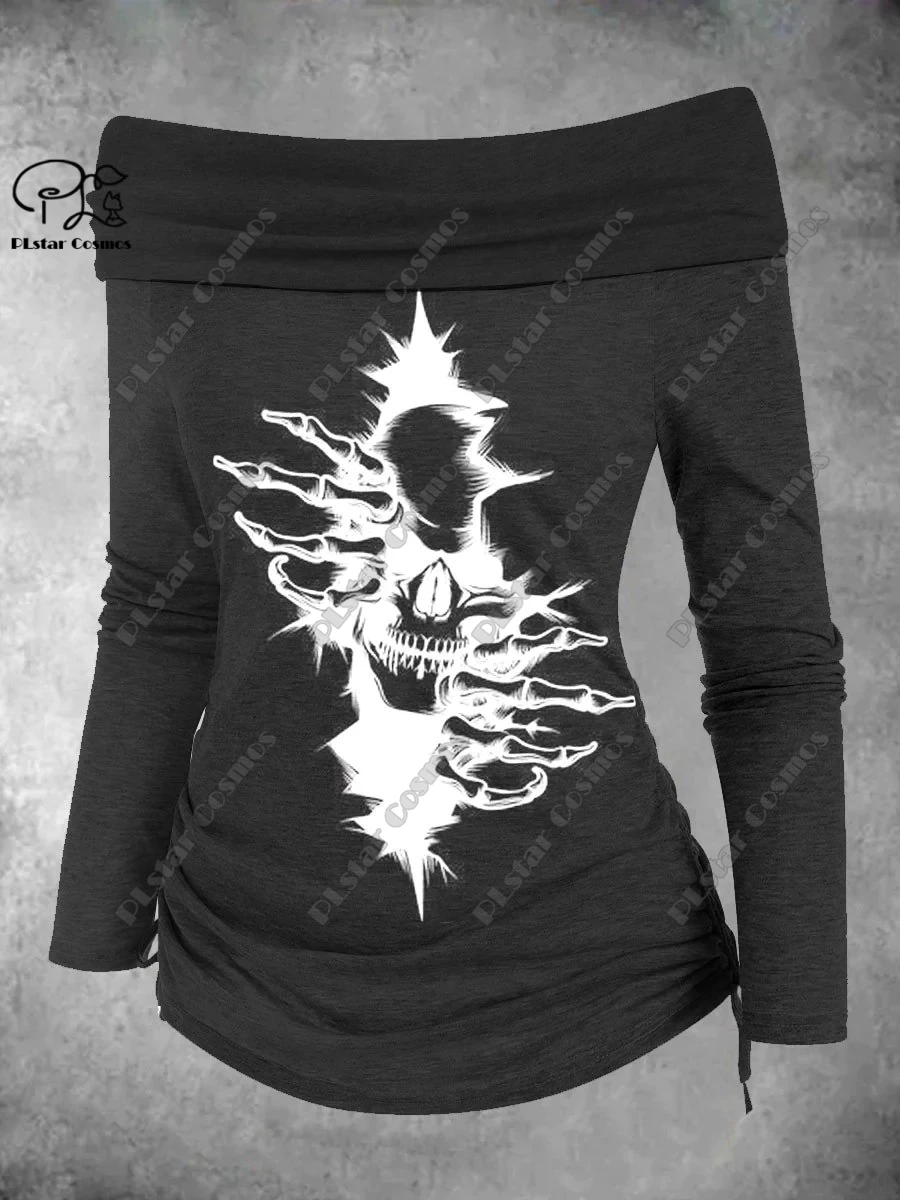 PLstar Cosmos 3D printed horror skull pattern printed off-shoulder pleated tight T-shirt women's casual top