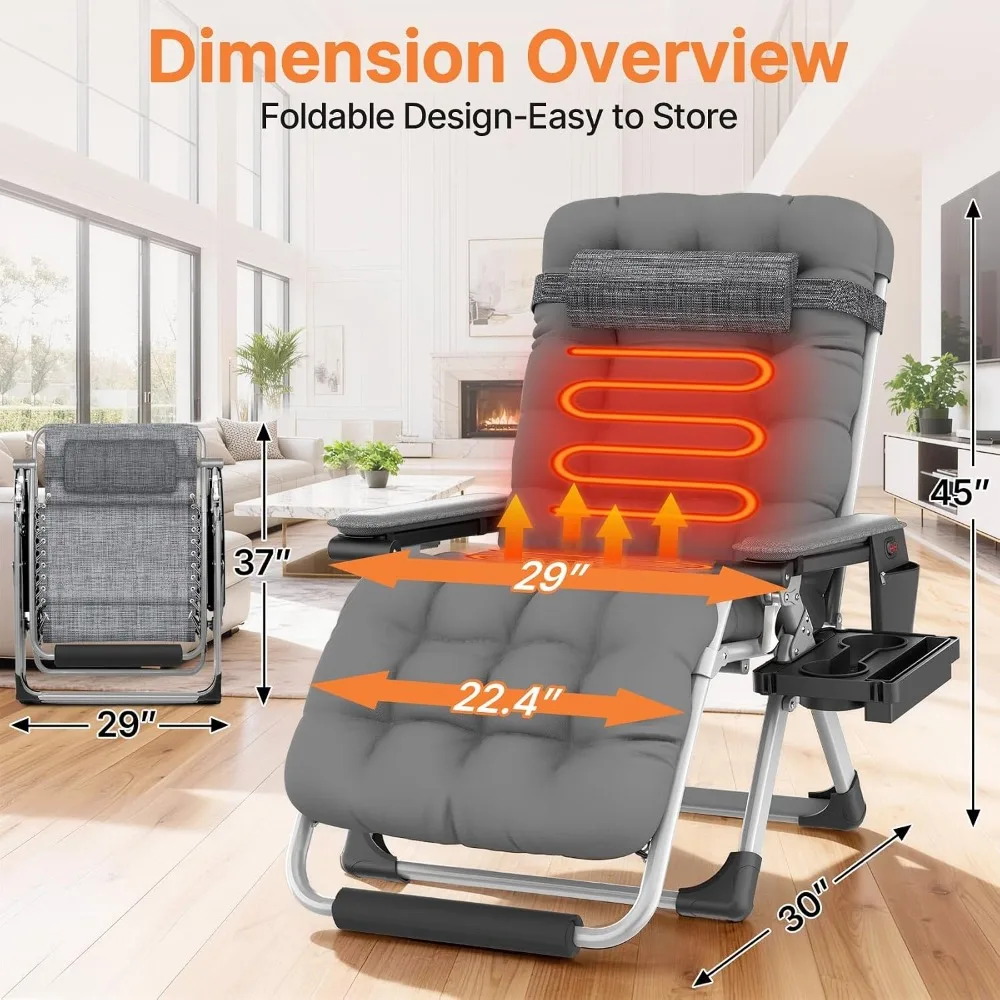 Heated Zero Gravity Chair XL Oversized Patio Recliner with Cup Holder