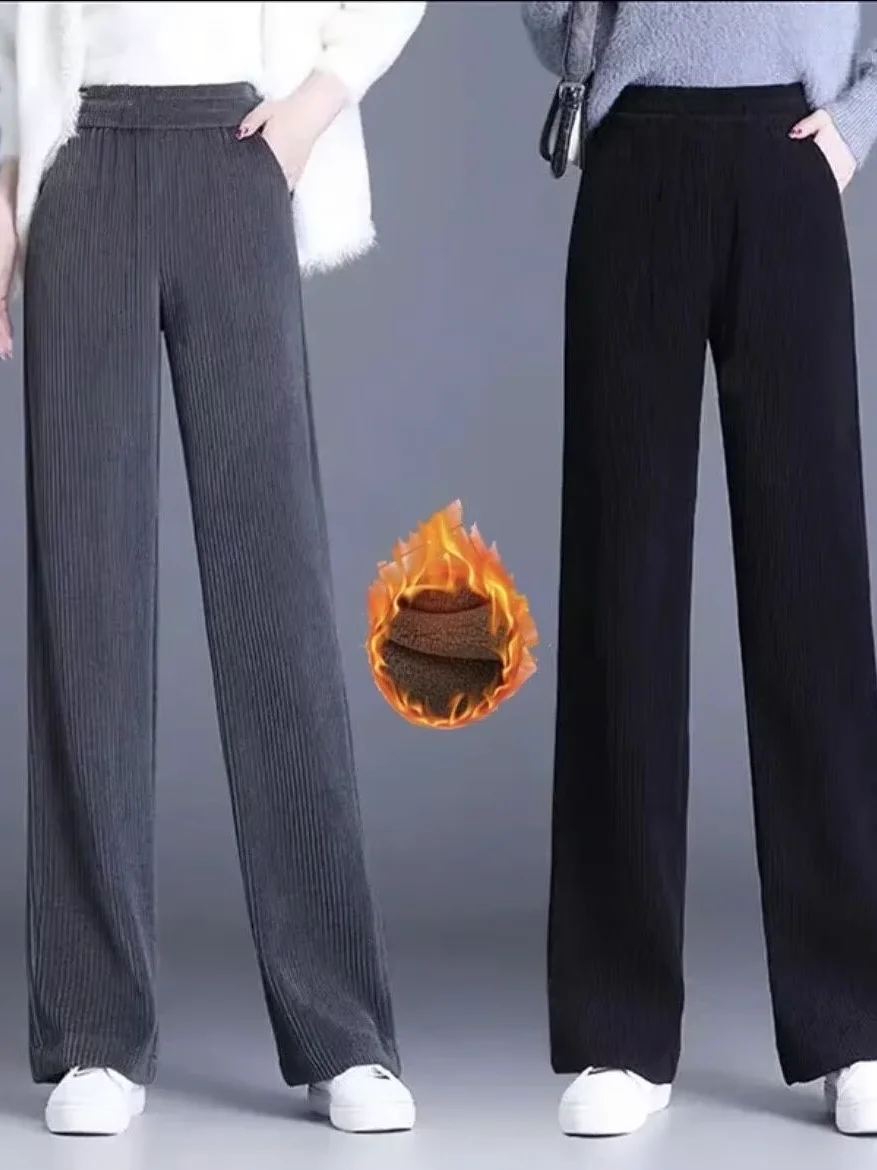 

Thiened Вельветовые широкие брюки Женские брюки прямого кроя с высокой талией Осень-зима Повседневные удобные брюки на подкладке Fce...