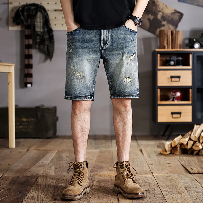 

JXN1051 American retro washed do old Slim denim shorts men's summer new straight trousers ins tide five points