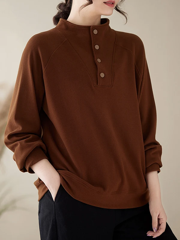 

Loose Casual Sweatirt Overhead Large Size Women's Clothing Versatile Base Layer irt Top Autumn Winter Button Stand Collar