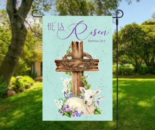 Easter Garden Flag HE IS RISEN Religious Cross Lamb 12 x 18  Bible Matthew 28:6 YYX EEZ