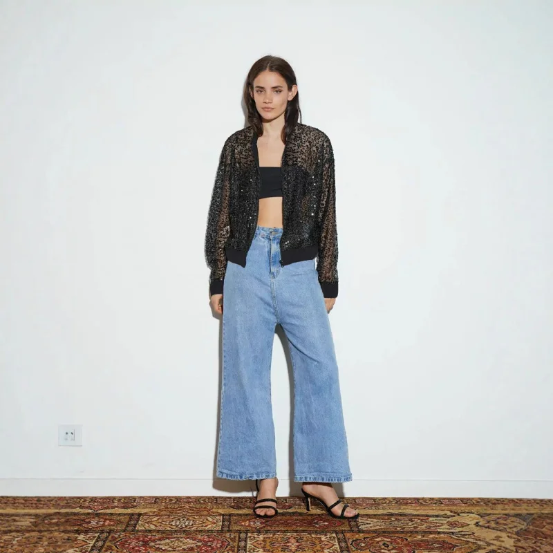 Thin zip-up cardigan, long-sleeved slim-fit fashion top, transparent mesh shiny short top