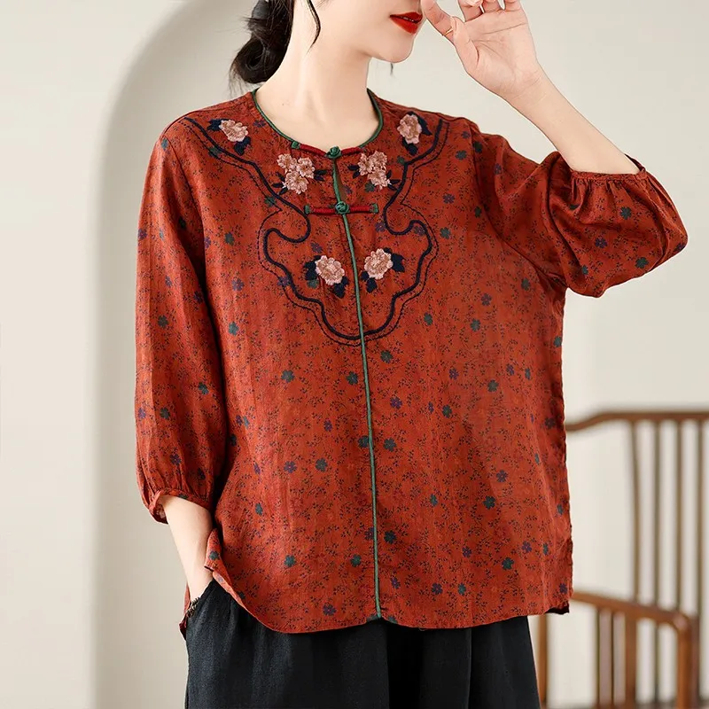 Women Casual Blouses Shirts New Arrival 2024 Summer Vintage Style O-neck Floral Embroidery Loose Female Tops Shirts B3695