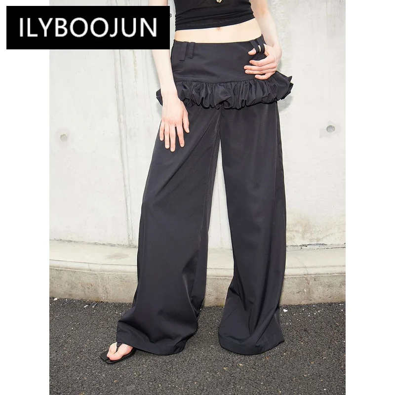 

ILYBOOJUN Solid Patchwork Ruffles Designer Trousers For Women High Waist Chic Wide Leg Pant Female Fashion Style Clothing New