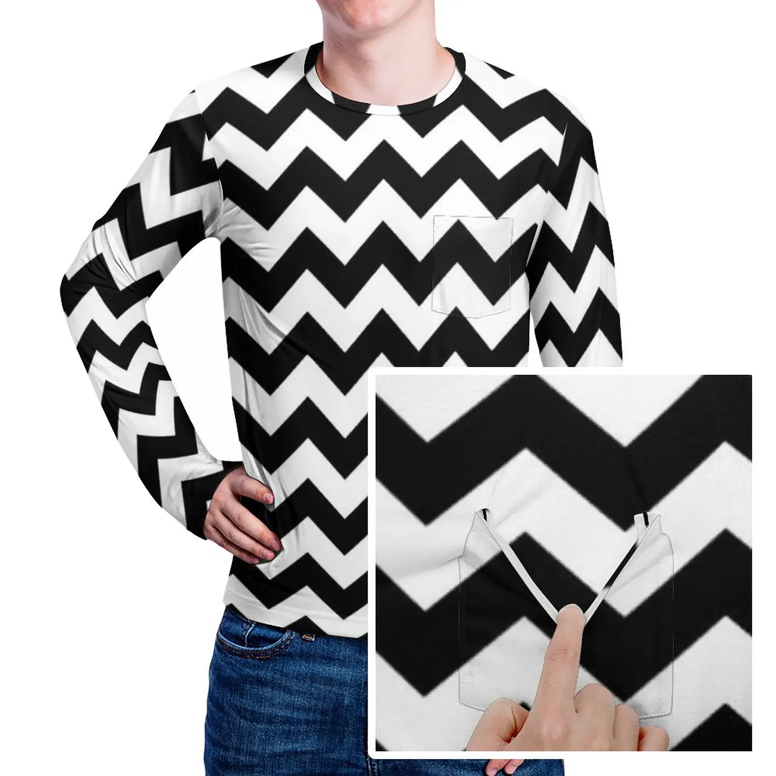 Classic Black White Striped T-Shirt With Pocket Chevron Zigzag Vintage T-Shirts Men Fun Tee Shirt Long Sleeve Design Clothes