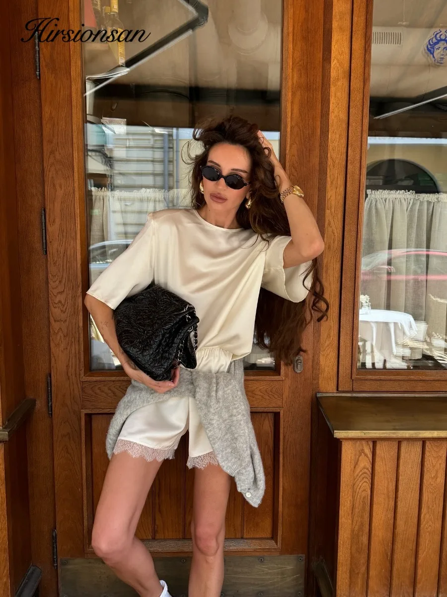 Hirsionsan-Conjuntos sueltos de dos piezas para mujer, Tops cortos y pantalones cortos con retazos de encaje, trajes elegantes de alta calidad para mujer, chándal suave