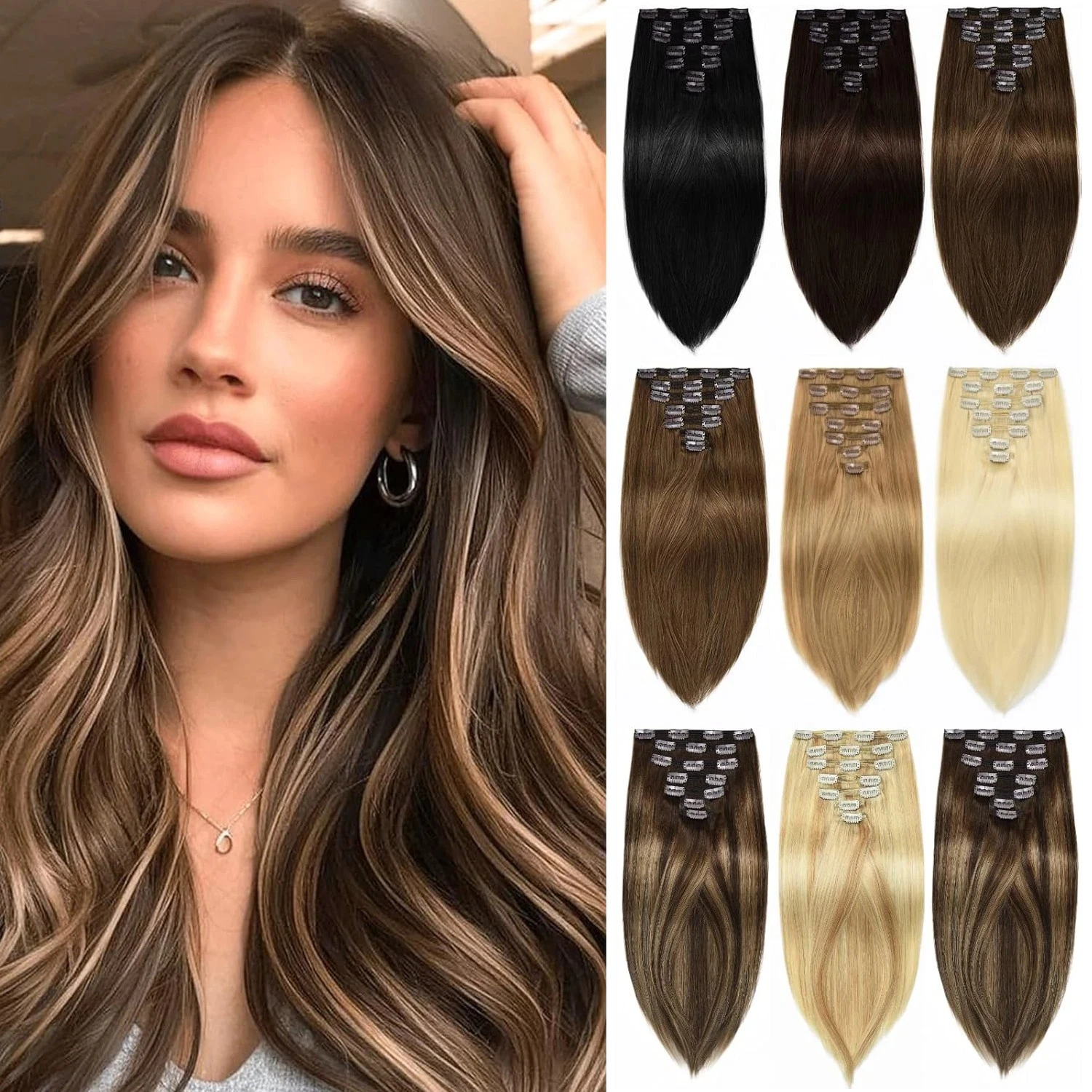 

100% Human Hair Clip In Extensions 7 Pieces Straight Hair Weft Custom Adapted Color Length Weight