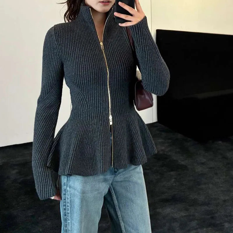 Half-neck zipper knitted cardigan with vertical stripes, waist-cinching ruffled hem, women's slim-fitting stretch sweater