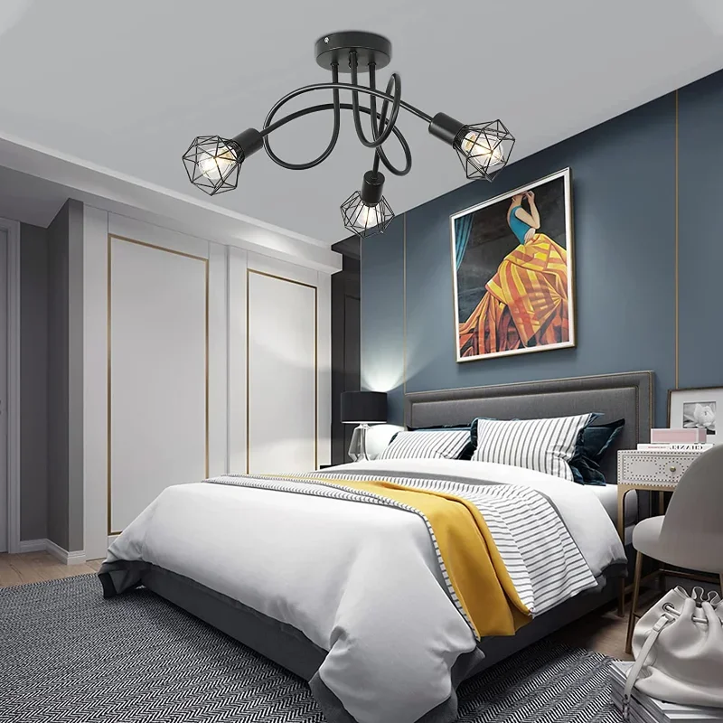 Modern LED Chandelier Ceiling Hanging 3 Heads Black Grille Wrought Iron Droplight for Bedroom Lighting for Living Room