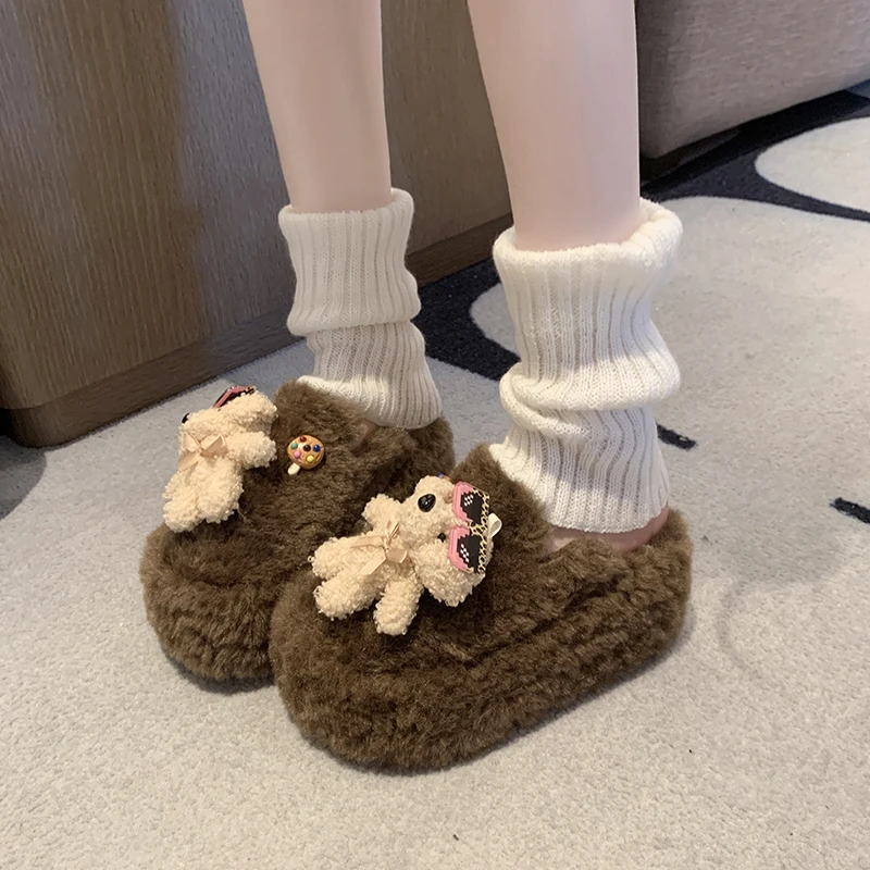 Winter Thick Bottom Bear Fur Slippers Women's Cute Cartoon Home Shoes Warm round Toe Slip-On Rubber Sole Anti-Slip Cotton Filled