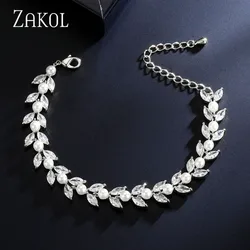 ZAKOL Trendy Temperament Marquise Cut Cubic Zirconia Bracelets for Women Imitation Pearl Bridal Wedding Party Jewelry