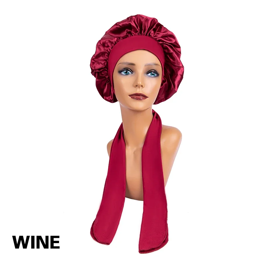 جديد كبير الساتان بونيه الحرير ليلة النوم قبعة طويلة الساتان بونيه مع رئيس التعادل الفرقة بونيه حافة التفاف للنساء مجعد جديلة الشعر