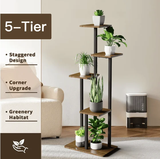 

5-Tier Indoor Plant Stand – Walnut & Black Metal, Vintage Design, Space-Saving Corner Shelf for Home Decor
