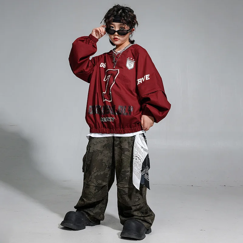 

Kid Hip Hop Clothing Wine Red V Neck Elastic Hem Sweatshirt Top Camouflage Casual Cargo Pants for Girl Boy Dance Costume Clothes