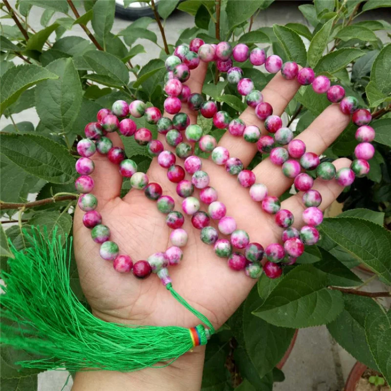 

Peach Blossom 108 Bead Quartzite Jade Red and Green Gemstone Bracelet 10mm Sweater Chain