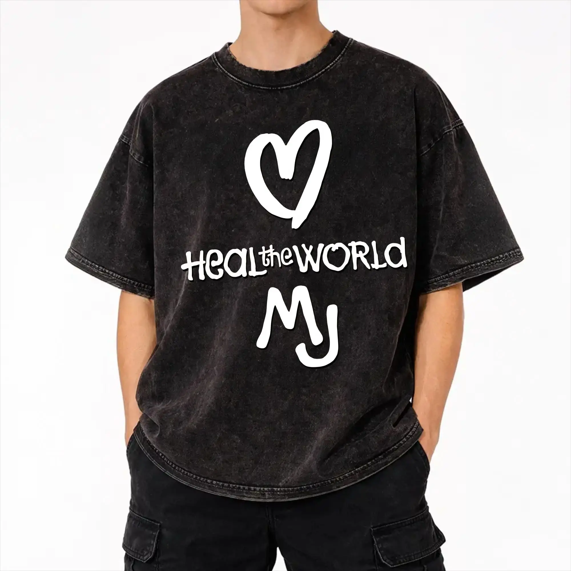 Heal The World MJ Signature michaels jacksons Outfit Washed T Shirts for Men Women Streetwear Hip Hop T-Shirt Printed  Tees