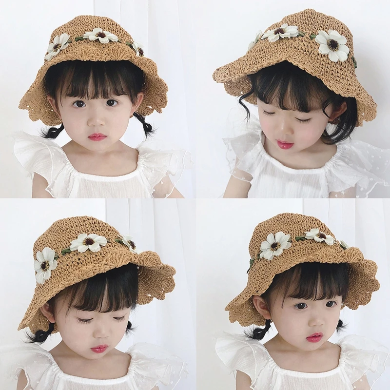 All-match Summer for Sun Hat Children Flower Crochet Straw Hat Sunshade Fisherman Hat for Outdoor School Camping image 5