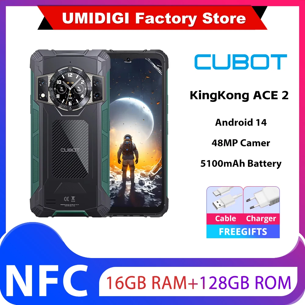 Cubot KingKong ACE 2 NFC Ультратонкий прочный смартфон Android 14 16 ГБ ОЗУ (6 ГБ + 10 ГБ) 128 ГБ ПЗУ 6,56 дюйма 90 Гц Экран мобильного телефона