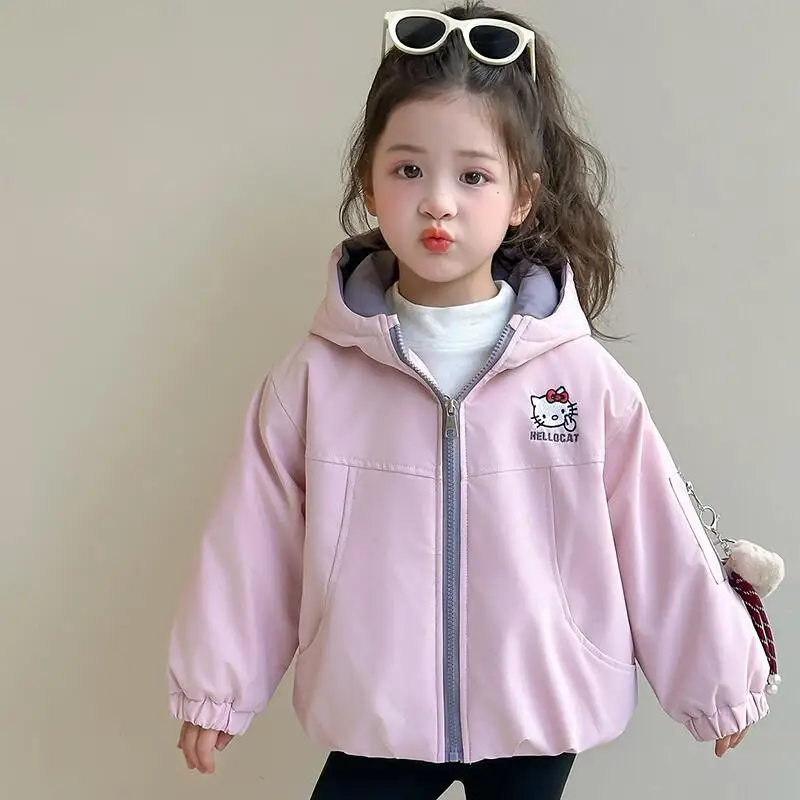 

Горячее пальто Sanrio Hello Kitty для девочек, утепленная куртка, топы, зимняя толстовка с капюшоном, детская кавайная аниме-мультяшная мода, новый стиль, повседневная одежда