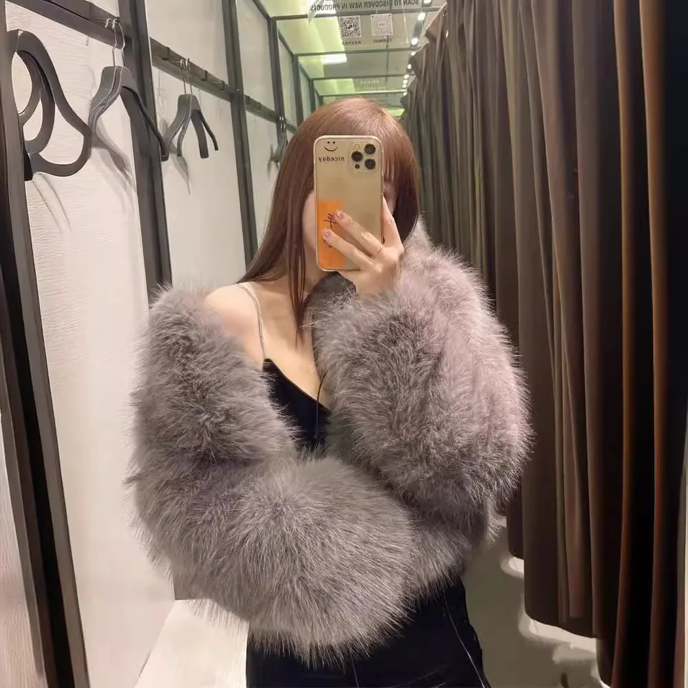 Faux Fox Fur Coats Women Short Fur Jackets Solid Round Neck Long Sleeves Open Stitch Thick Loose Fit Casual 2025 Autumn Winter