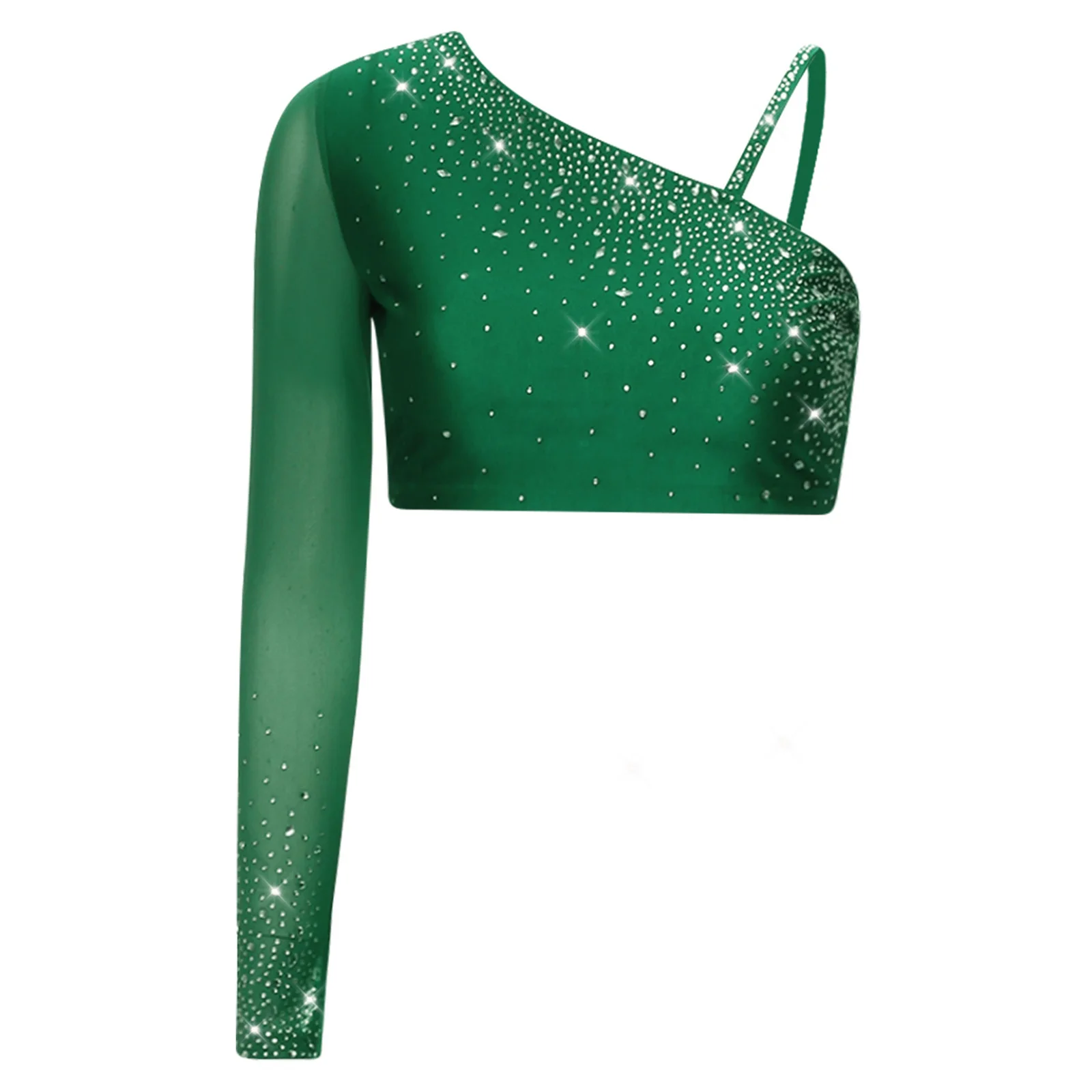 ผู้หญิง Lyrical Dance Crop Tops หนึ่งตาข่ายแขนยาว Rhinestones Pullover Cropped เสื้อยิมนาสติกสเก็ต Modern Dancewear