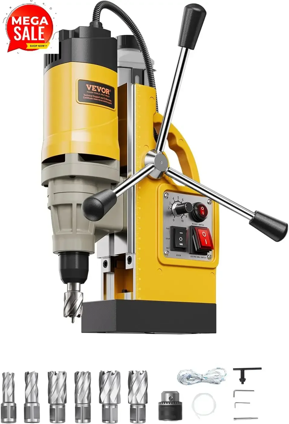 Magnetic Drill, 1450W Motor 2 in Boring Diameter, 2878 lbf Electric Mag Drill Press, with 6 Coring Bits, Variable Speed, Drillin