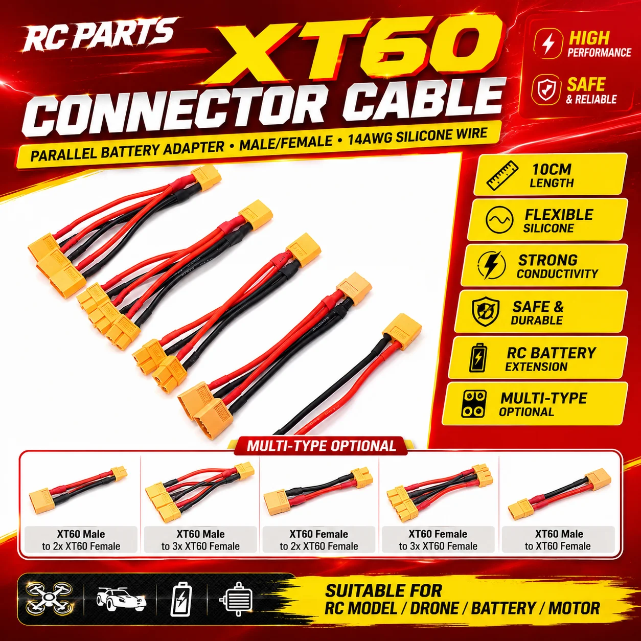 XT60 Parallel Battery Connector Male/Female Cable Dual Extension 14AWG Silicone Wire for RC Model Drone Battery Motor RC Parts