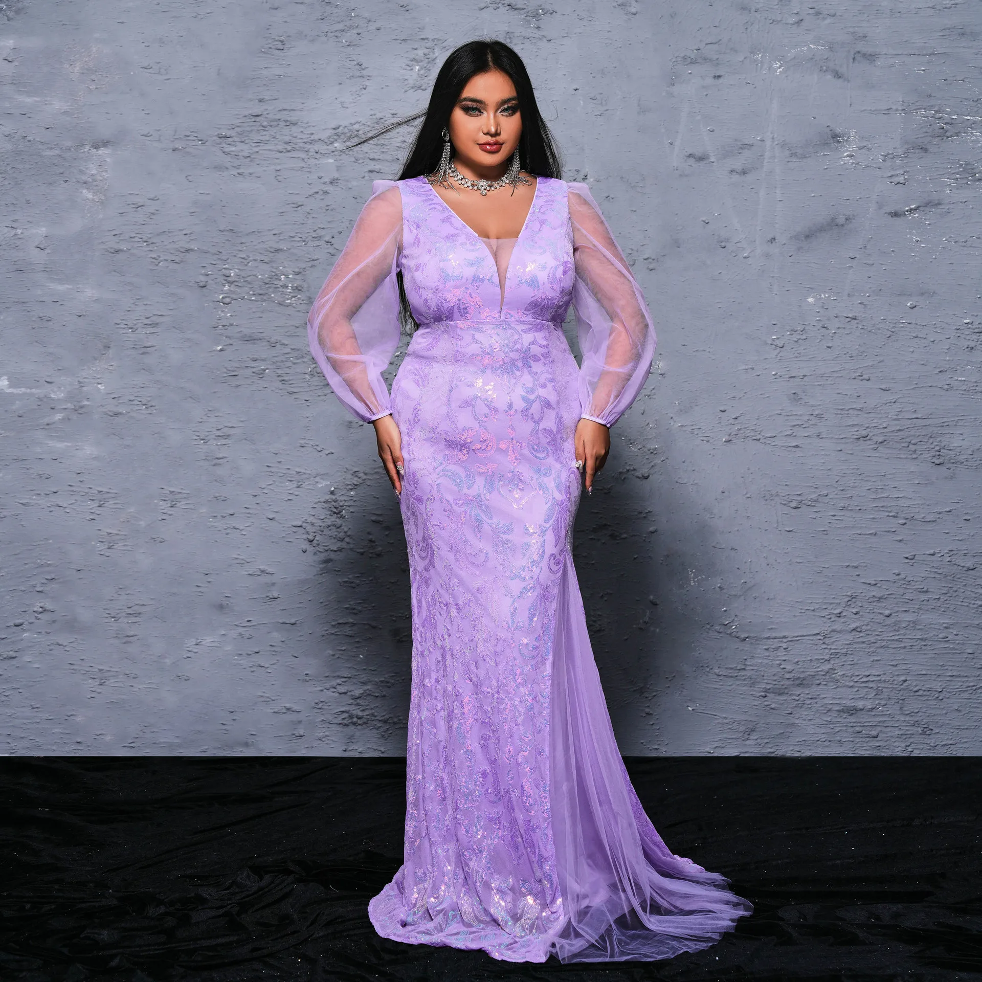

Fat plus size women's clothing long long-sleeved V-neck banquet sexy sequined evening dress dress long dress sweet atmosphere lu