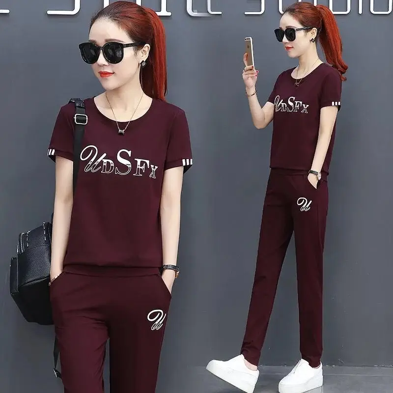 Women\'s Casual Sports Suit 2023 Spring And Summer New Korean Loose Short Sleeve Tops Pants Two Piece Set Student Running Outfits