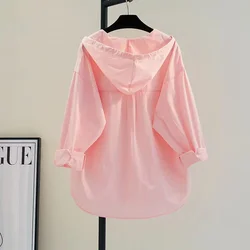 2023 New Pink Hooded Pure Cotton Shirt Thin Coat Women's Spring/Summer Single Pocket Casual Sunscreen Shirt Cardigan Blouse