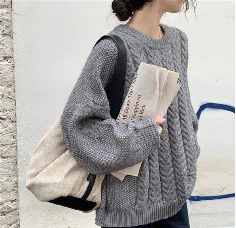 

Loose Knitted Twist Sweater Women's Autumn Comfortable Casual Style round Neck Long Sleeve Top Polyester Blend