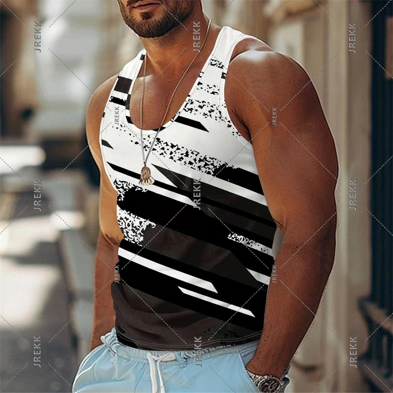 Summer Gym Sport Breathable Tee Top Graffiti Stripe Print Tank Top For Men's Clothes Classic Fashion