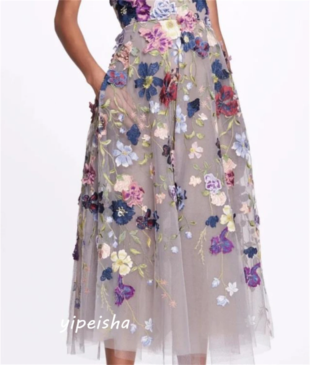 Robe de soirée en tulle froncée à fleurs, robes mi-longues décontractées, robe de soirée formelle, ligne A, col haut, occasion sur mesure, sexy