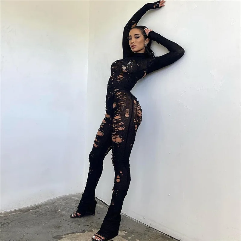 Europe American New Perforated Rompers Women's Sexy Personality Pants Gothic Knitted Hollow High Waist Tight Jumpsuit Nightclub