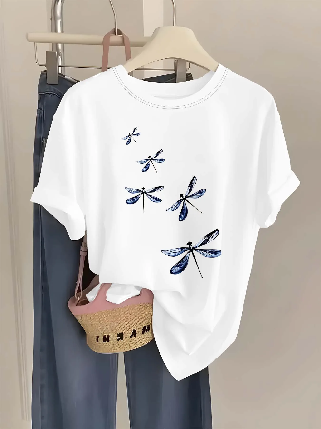 

Plus Size Artistic Dragonfly Print Elegant Stylish All - Match Summer Short Sleeve Tee
