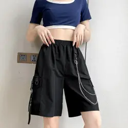 2023 New Women's Summer Shorts Casual Ribbons Black Bermuda Shorts For Girls Knee Length Pants with chain