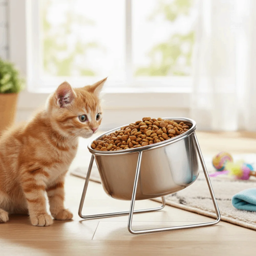 Anti-Tipping Stainless Steel Cat Bowl with Stand Sturdy High Foot Dog Feeder Fall-Resistant Rust Proof Pet Food Bowl Travel