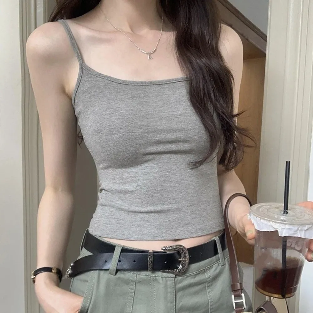 

Casual Simple Spaghetti Straps Camisole Cotton Bottoming Shirt Slim Crop Top Korean Style Solid Color Chest Pad Camisole Girl
