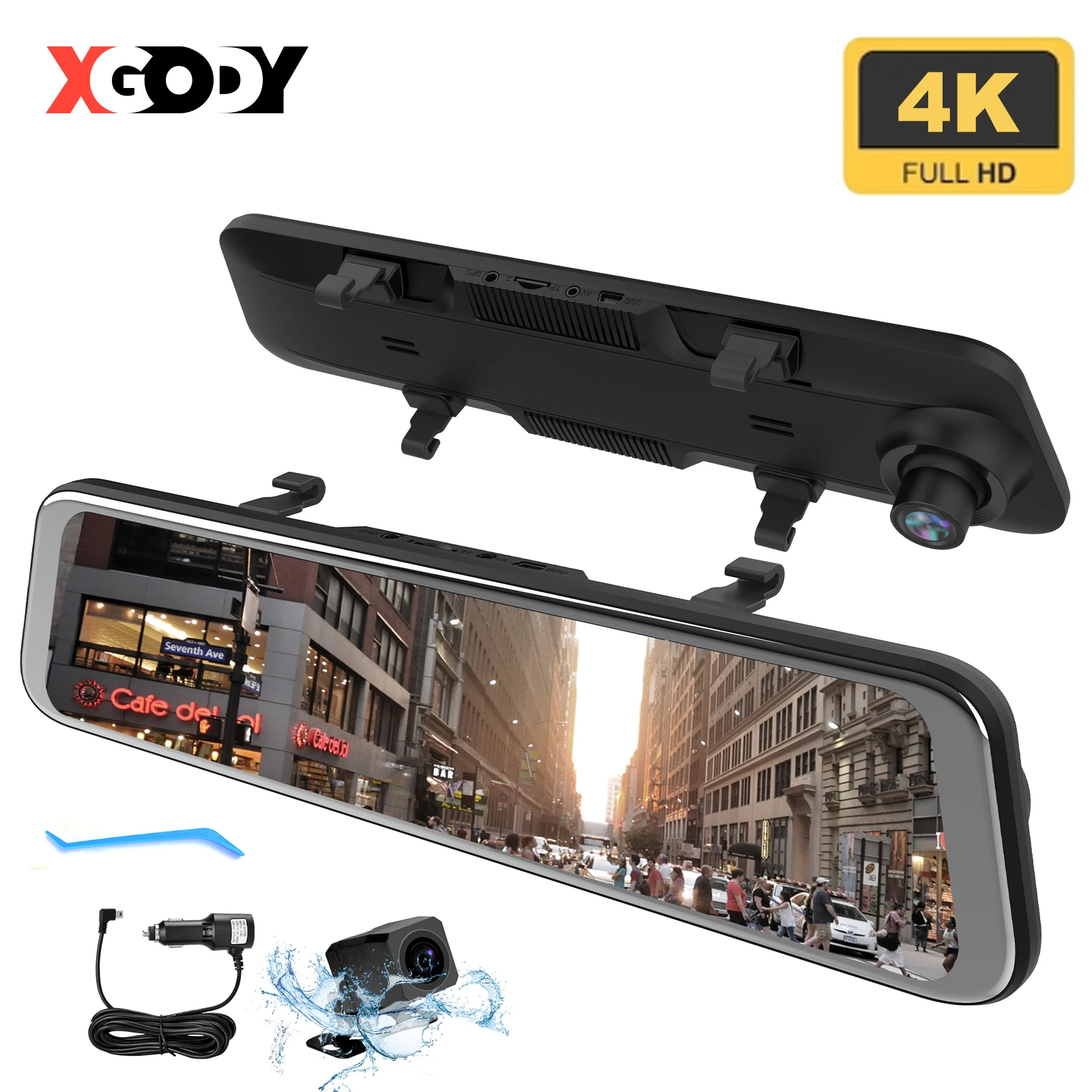 XGODY 12Inch Rearview Mirror Dual Dash Cam 4K GPS WIFI Front and Rear Dual Lens Video Recorder Night