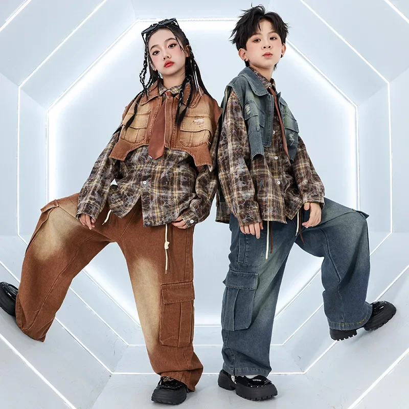 

New Kids Street Dance Costumes Cool Jazz Clothes Boys Girls Hip Hop Show Cowboy Outfit Loose Shirt Vest Pants 3 PCS Set XH1743