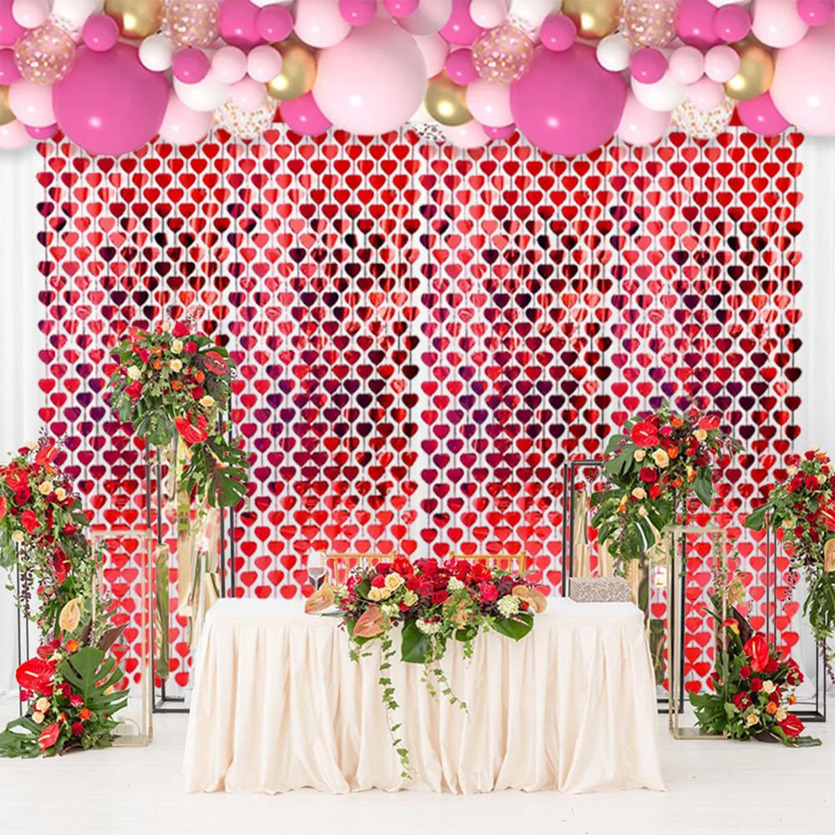 Folienfransen-Lametta-Vorhang, rotes Herz, Geburtstagsparty, Fotohintergrund, Streamer für Hochzeit, Dusche, Verlobung, Valentinstagsparty – Detail 9